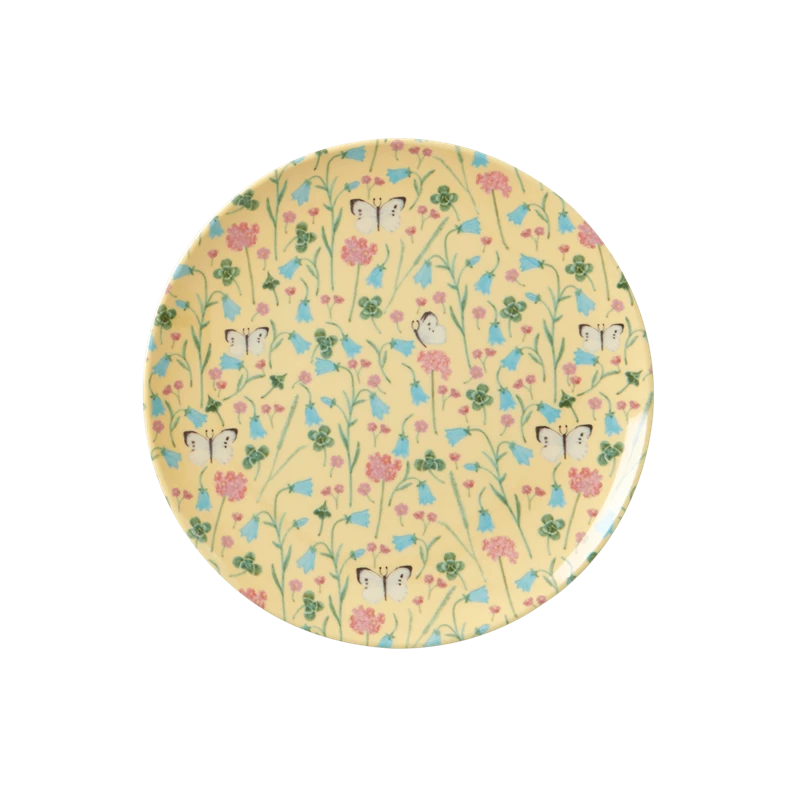 Butterfly Print Soft Yellow Small Round Melamine Plate Rice DK